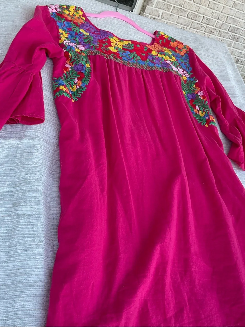 Small Linen‎ blend embroidered hot pink fuchsia dress with pockets boho resort